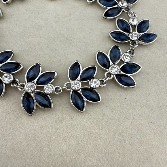 Floral Blue Rhinestone Bracelet With Silver-Tone Setting & Adjustable Lobster Cl - Picture 3 of 7